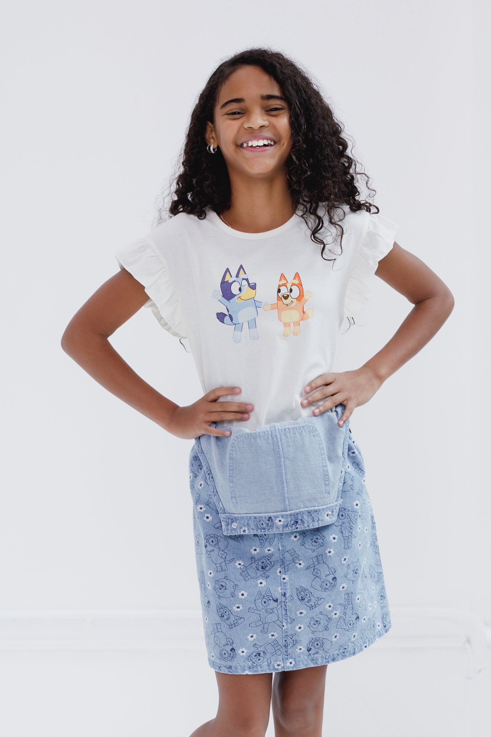 Bluey Bingo Chloe Floral Vintage Wash Denim Overall Dress and T-Shirt Outfit Set Toddler to Big Kid