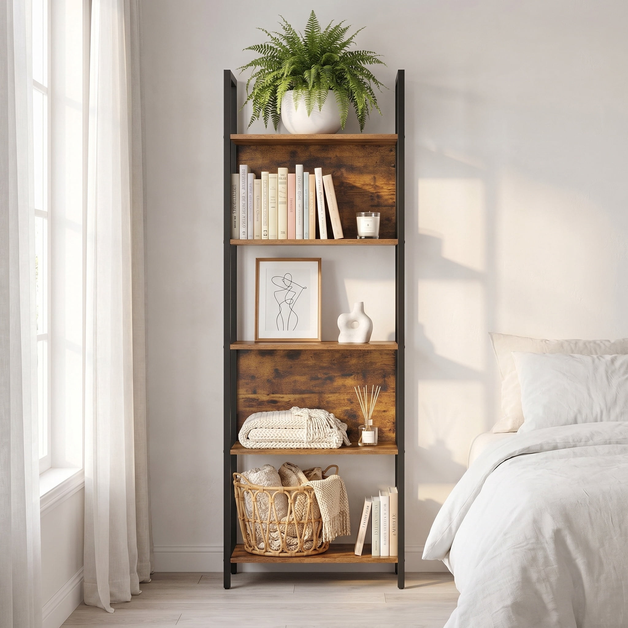 Nordic Hygge 5-Tier Industrial Bookshelf, Slim Storage Bookcase with Steel Frame, Rustic Brown and Black