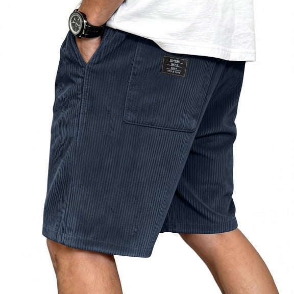 Men's Corduroy Shorts Summer Drawstring Elastic Waist Shorts with Pockets Wide Leg Knee Length Beach Sweat Shorts Navy XL