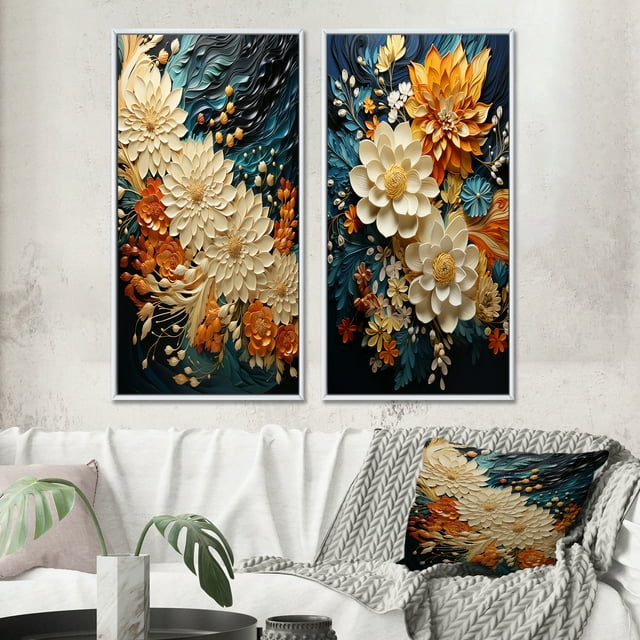 Designart "Orange Teal botanic Whirlwind II" Abstract Botanicals Framed Wall Art Set Of 2 - Orange Floral Gallery Wall Frame Set For Home Decor