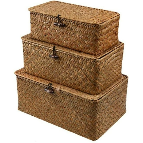 3 pcs Shelf Baskets with Lid , Handwoven Seagrass Storage Bins Box Rectangular Seagrass Basket Storage Organizer Wicker Basket for Shelf