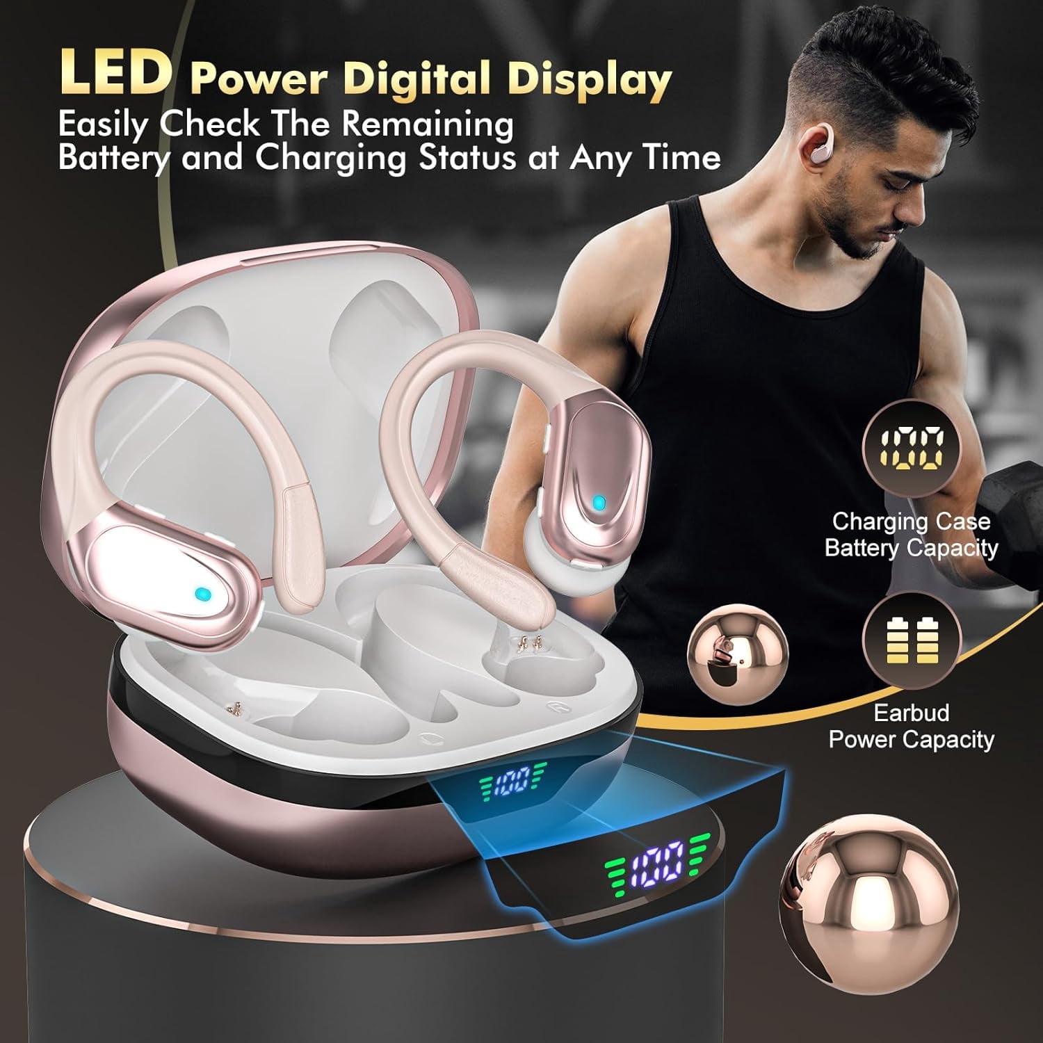 Bluetooth 5.4 Sports Headphones 80Hrs Playtime Wireless Earbuds with LED Power Display IPX7 Waterproof Earphones for Workout/Running Noise Canceling Headset Ear Buds