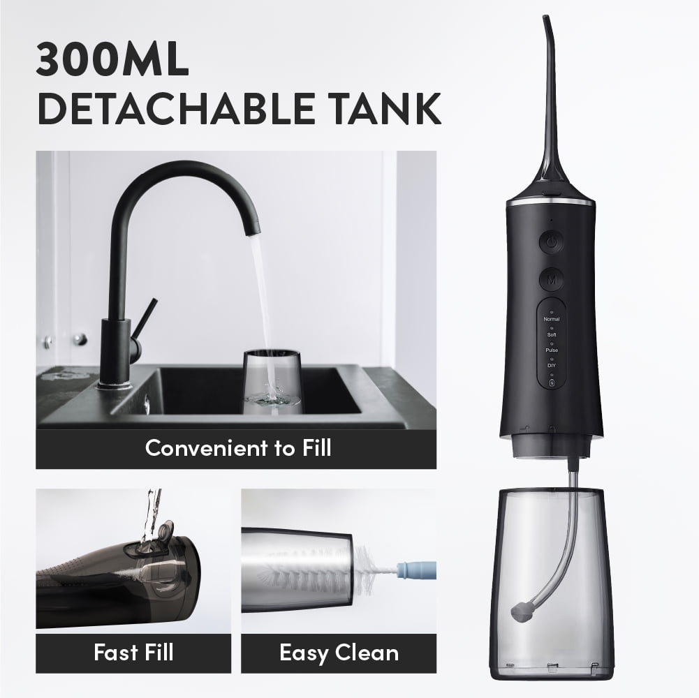 Éclat Portable Electric Waterproof Water Flosser for Deep Teeth Cleaning - 300ML Tank, USB-C Rechargable, Long Lasting 30 Day Charge, 4 Accessories Included BPA Free (Black)
