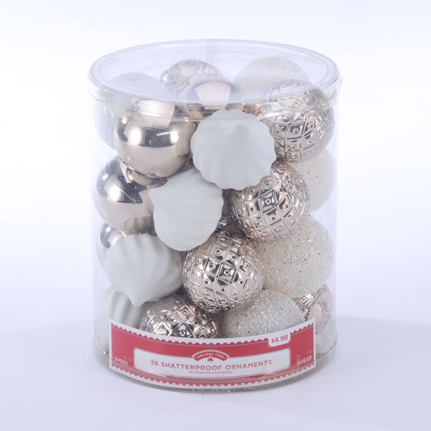holiday time 26 count shatterproof ornaments gold white