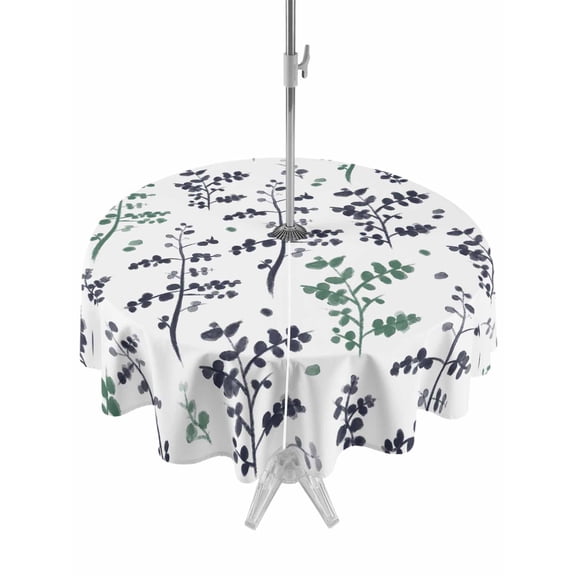 Outdoor Tablecloths with Umbrella Hole & Zipper, Green Grey Botanical Round Tablecloth 54 Inch, Watercolor Spring Floral Summer Leaf Waterproof Table Cloth, Patio/Pool/Picnic Table Covers