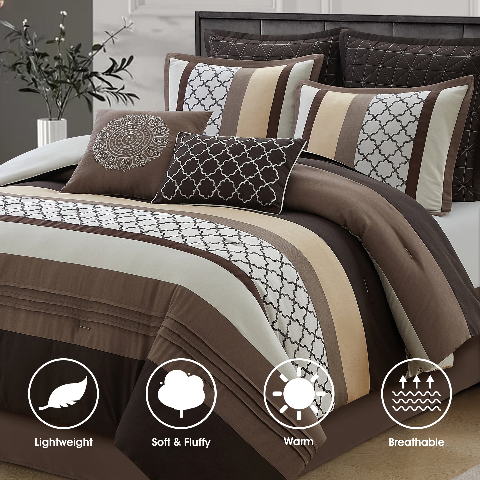 LANCO MODERN LIFESTYLE Queen Comforter Set, Brown Bedding Set, Jacquard Woven with Geometry, 8 Pieces Bed in a Bag, Bed Skirt, Shams and Decorative Pillows