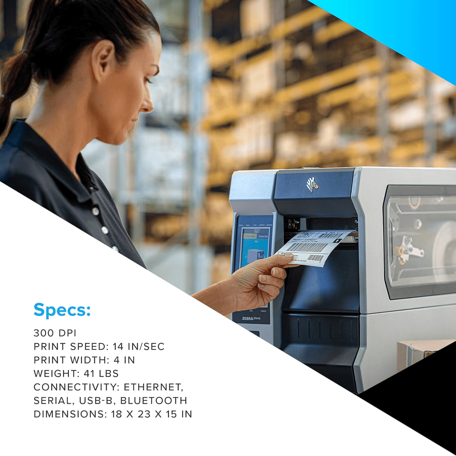 Zebra ZT411 Thermal Transfer Industrial Printer 300 dpi Print Width 4 in Serial USB Ethernet Bluetooth ZT41143-T010000Z