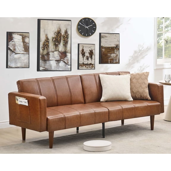 75 in Futon Sofa Bed - Convertible Sleeper Sofa with Adjustable Backrest - Loveseat Small Sofa Bed with Side Pockets - Mid Century Modern Futon Couch - Brown PU Leather Couch for Living Room