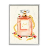 Stupell Industries Love Text over Pink Floral Perfume Bottle Grey Framed, 11 x 14, Design by Annie Warren
