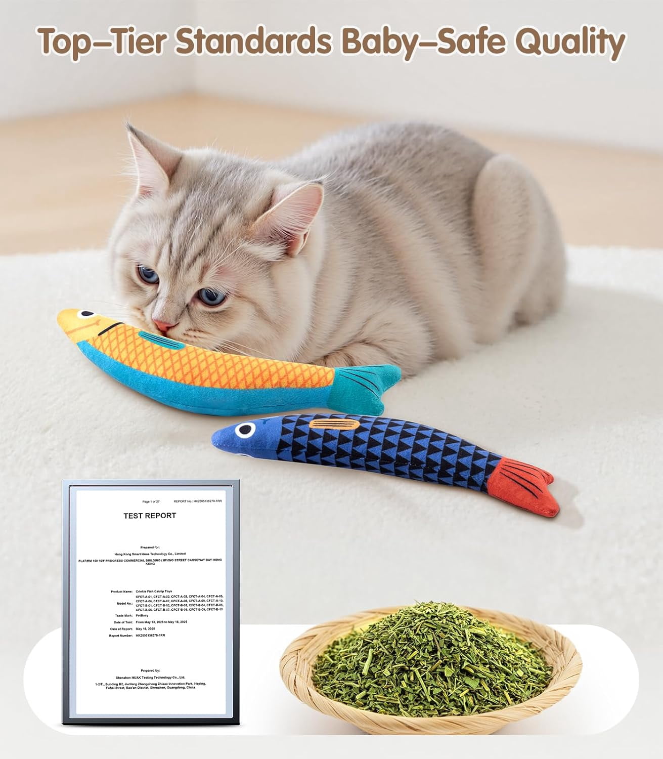 Cat Toys with[5000mg A+Natural Catnip &Silvervine] [Baby Grade] Interactive Soft Chew Kicker Cat Toys for Indoor Cats & Kittens, [Crinkle &Bell] Fish Sound Toy, Drives Bored Cat Crazy with Fun