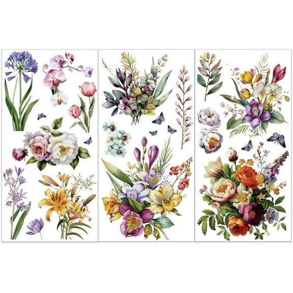 3pcs/Set Bouquet Rub on Transfers for Furniture and Crafts 6x12 inch Peony Lily Decor Transfer Stickers Floral Rub on Decals for Wood Furniture Scrapbooking Home Decorations DIY