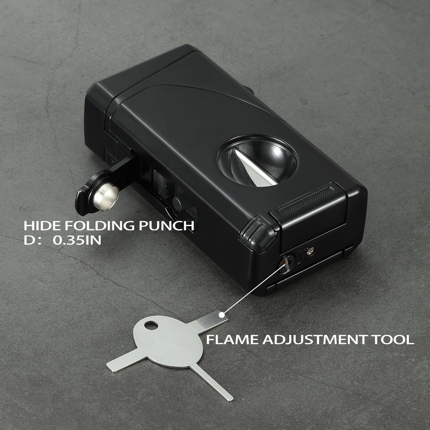 All in One Triple Jet Flame Butane Torch Lighter Built-in Cutter, Cutter V Cut, Punch, Holder Function, Draw Enhancer Tool, Refillable and Adjustable Windproof Lighter. Grey(Sold Without Gas)