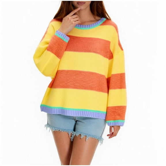 VEKDONE Women's Knit Sweater Trendy Striped Color Block Long Sleeve Tunic Blouses Round Neck Loose Fit Knitted Pullover Tops