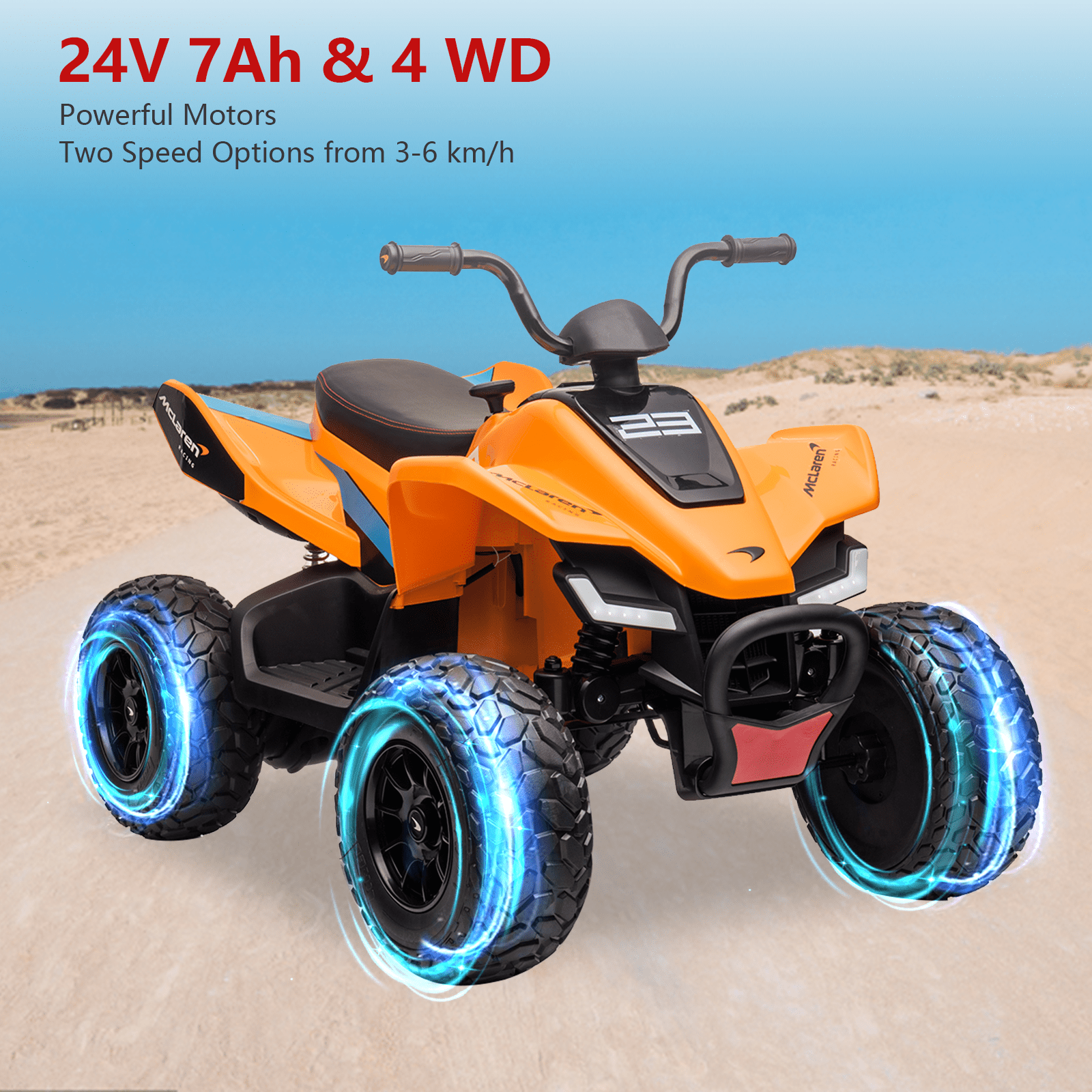 24V Battery Powered, 4-Wheeler Quad Car Toy ATV for 3-8yrs, Electric Off-Road Car with 2 Speeds, LED Lights, Bluetooth, MP3
