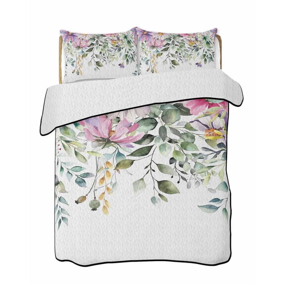 Eucalyptus Flower Summer Quilt Set Full Size,Soft Microfiber Quilted Bedding Set with 2 Pillow Shams,Sage Green Botanical Boho Leaf Pink Lightweight All Season Bedspread Coverlet for Bedroom 78"x90"