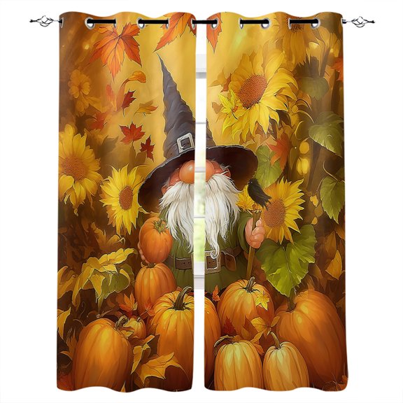 Fall Gnome Blackout Curtains for Bedroom Living Room, Sunflower Pumpkin 39 In Long Thermal Insulated Room Darkening Drapes Grommet Window Treatments, 27.5 x 39 In
