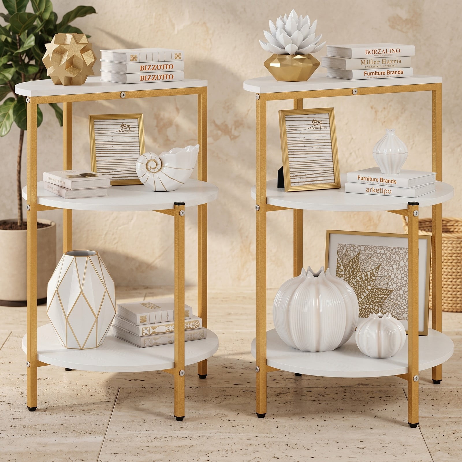 Furnibear 3-Tier Round End Table Set of 2, Small Space Nightstand Side Table with Storage Shelves and X-Shaped Metal Base for Living Room Bedroom Entryway, White & Gold