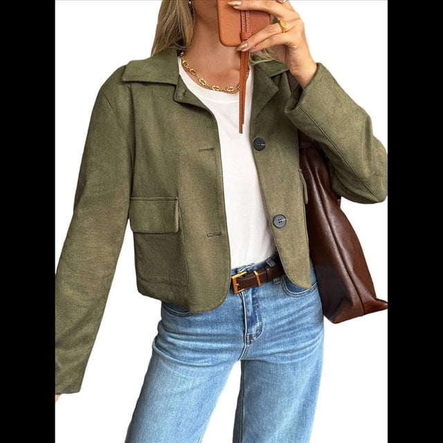 Chaqueta Blazer Informal para Mujer, de Piel Sintética de Ante con Solapa con Muescas y Botonadura Sencilla. Verde L