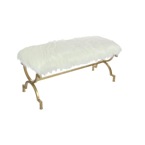 DecMode Metal Bench with White Faux Fur Top, Gold