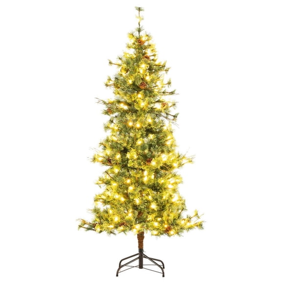 GVN 6ft Pre-Lit Artificial Christmas Trees with Warm White LED Lights and Pine Cones, Xmas Decoration Tree for Indoor, Outdoor, Holiday Decor, Green