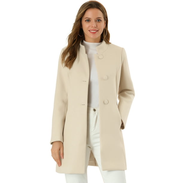 Abrigo De Invierno Elegante PaMujer Abrigo Largo De Un Solo Pecho Con Cuello Alto En Mitad Del Muslo Beige S