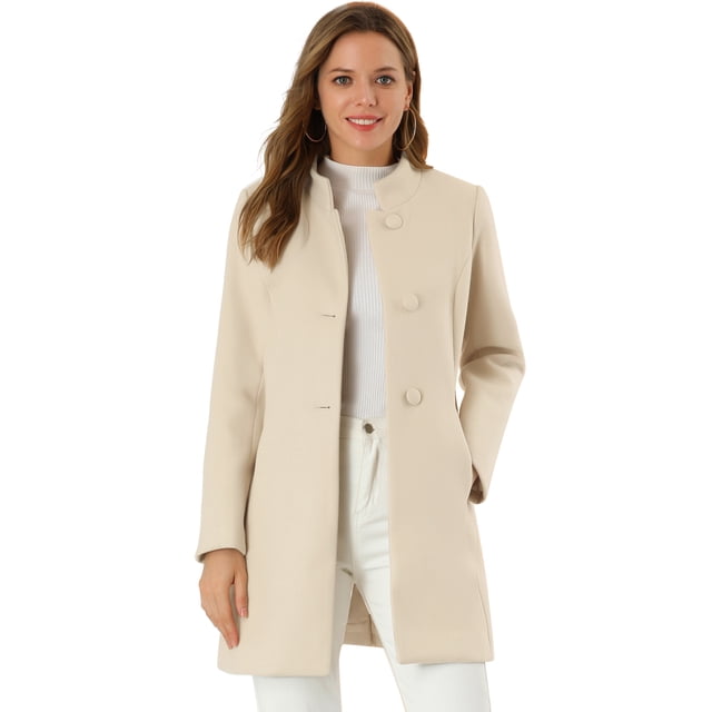 Abrigo De Invierno Elegante PaMujer Abrigo Largo De Un Solo Pecho Con Cuello Alto En Mitad Del Muslo Beige XXL