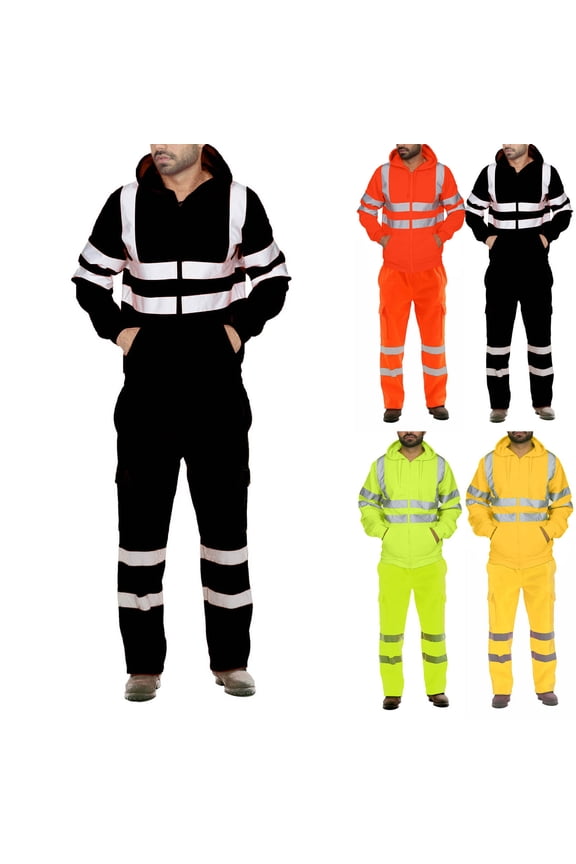 Black Mens Reflective Track Suits High Visibility Full Zip Safety Hoodies and Cargo Pants 2 Piece Sets Workwear Outfits XL
