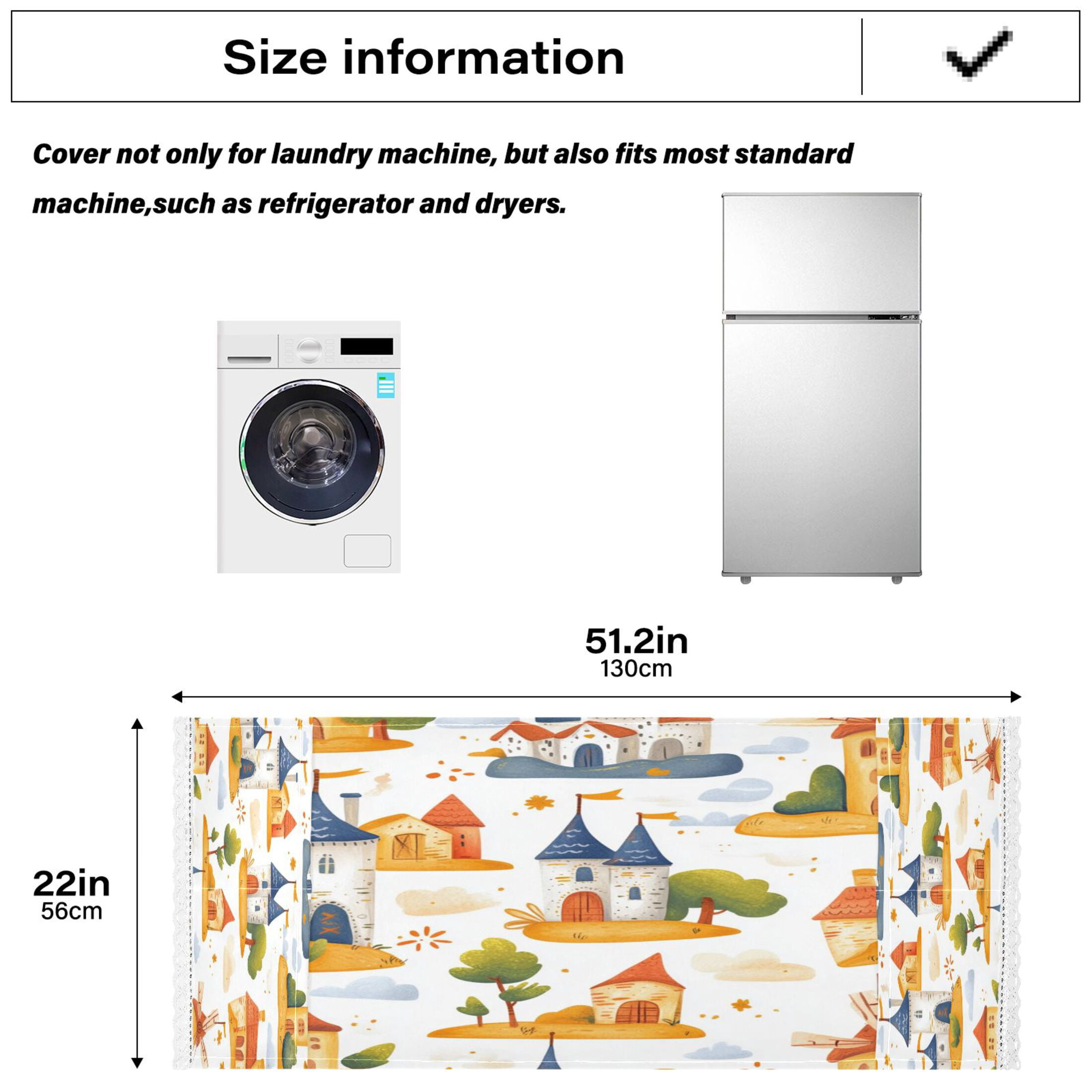 Cartoon Castle and WindmillWasher and Dryer Covers Dust-Proof and Oil Resistant Fridge Cover with 4 Storage Pockets Washing Machine Top Cover for Laundry Kitchen Home 51.2 x 22 In