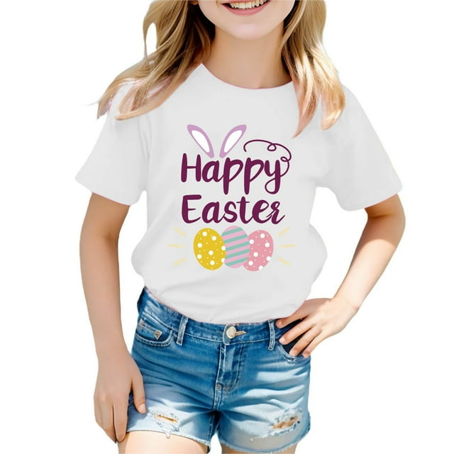 MIASHUI T-Shirt Graphique de Pâques à Manches Courtes pour Garçons, Confortable et Décontracté, Imprimé pour Filles, Blanc, 3-4 Ans