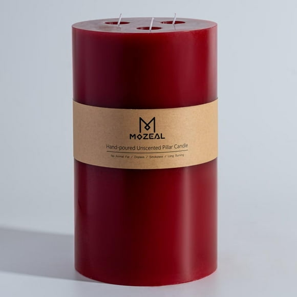 Vela tipo pilar MOZEAL, extra grande, 3 mecha, color rojo oscuro, 15 x 15 cm