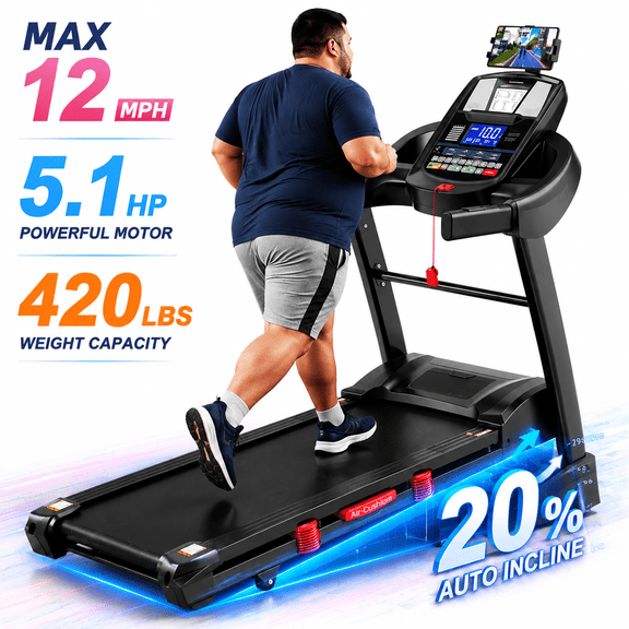 5.1HP Treadmill for Home with Incline, Folding Treadmill with 400 lbs Weight Capacity, 50 Inch Long Running Belt, Walking Running Exercise Treadmill, Compact Foldable Treadmill for Home Fitness