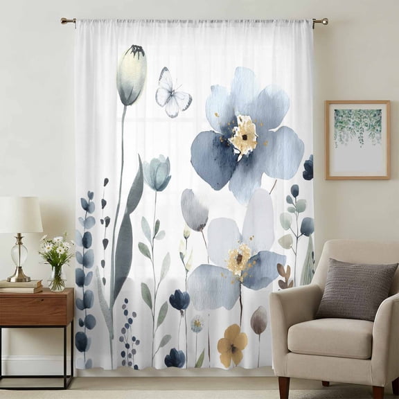 Spring Blue Floral Sheer Curtains 108 Inches Extra Long, Country Garden Wildflowers Botanical Light Filering Curtains, Privacy Drapes Simi Floor to Veiling Curtain for Living Room Window Treatment