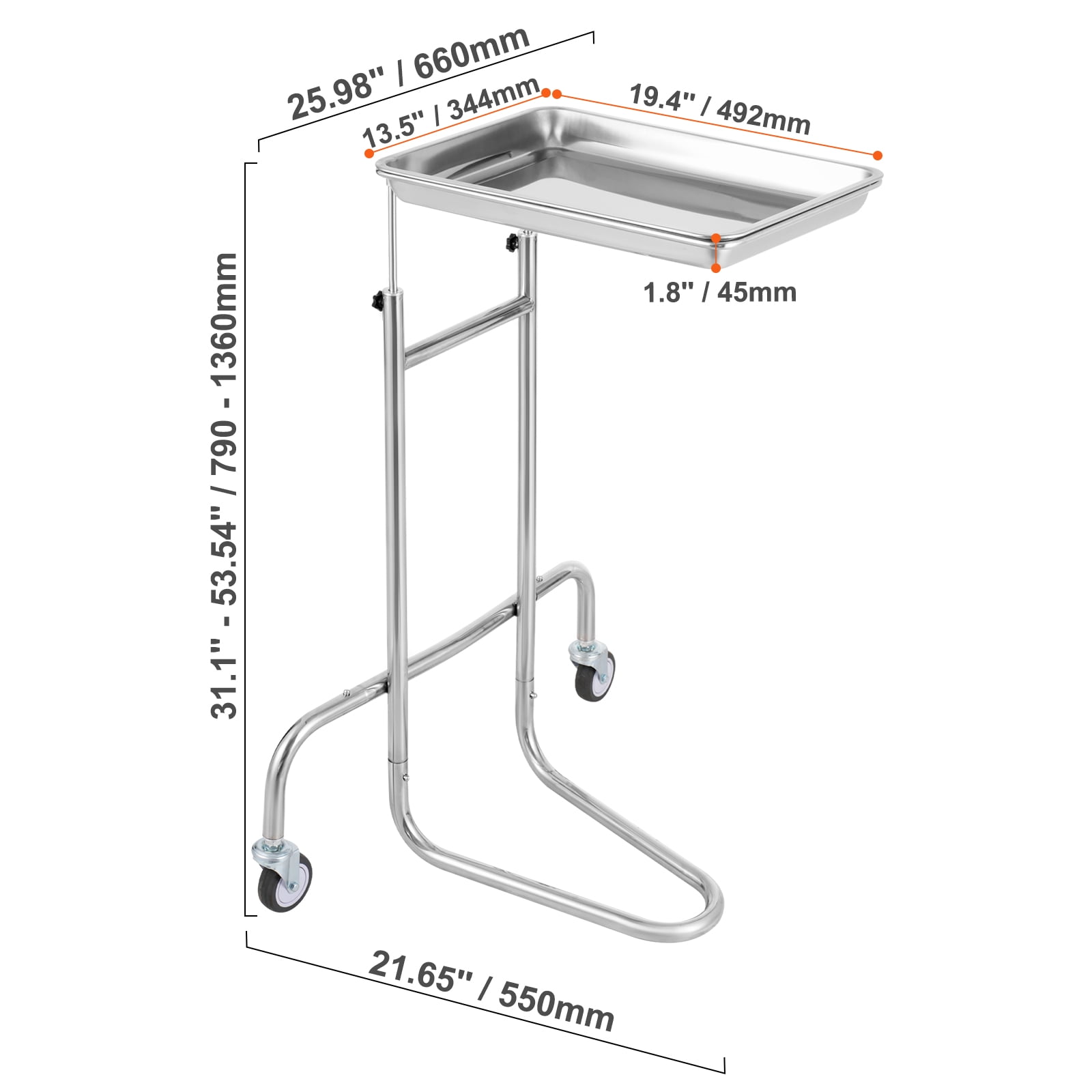 VEVOR Stainless Steel Lab Carts, Lab Utility Cart with Single Tray, Mobile Medical Cart with 2 Silent Wheels, Lab Rolling Cart for Lab, Clinic, Hospital, Salon
