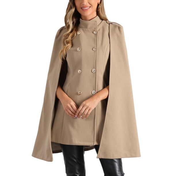 Abrigo de capa de doble botonadura con mangas abiertas para mujer INSPIRE CHIC, tamaño XS, color caqui