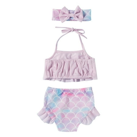 

[BRAND CLEARANCE!!!] 6M-4Y Toddler Girl Meimaid Swimsuit Baby Bathing Suit Two-Pieces Ruffled Halter Crop Top+Bikini Bottoms+Headband Tankini Suit Kids Sunsuit (Purple)