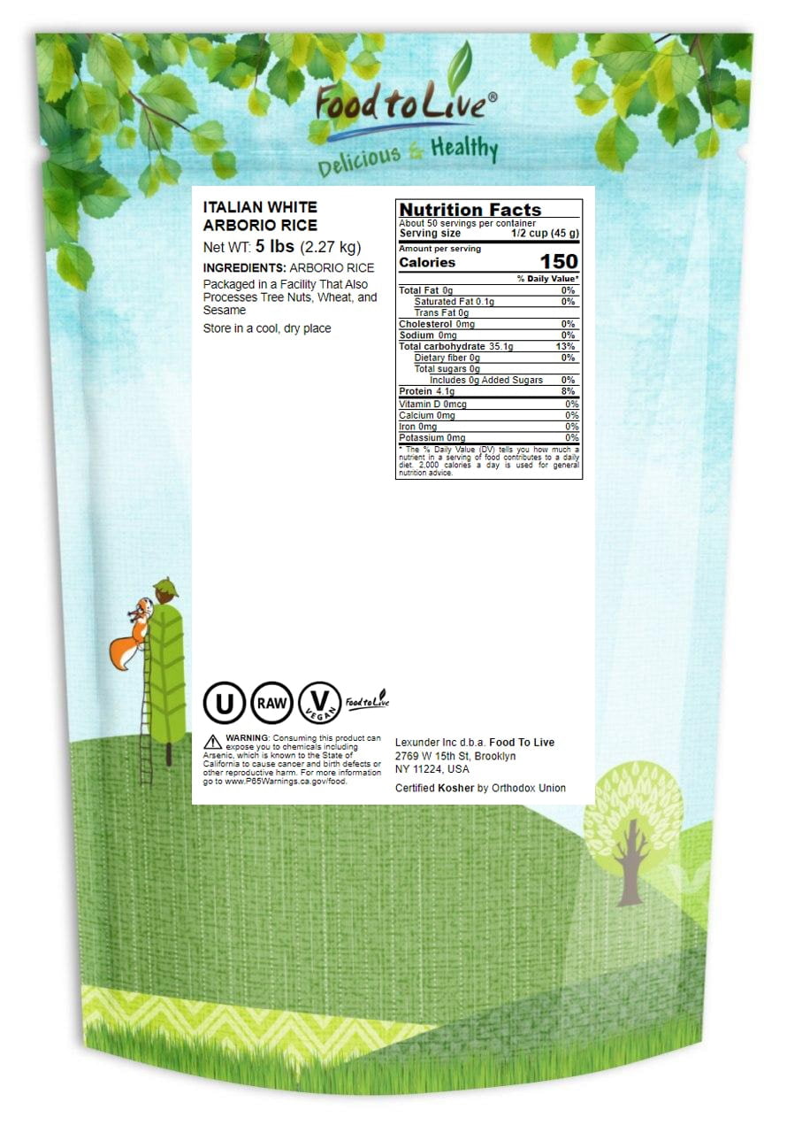 Food to Live Italian Arborio White Rice, 5 Pounds – Short-Grain White Rice Variety, Superfino, Vegan, Bulk