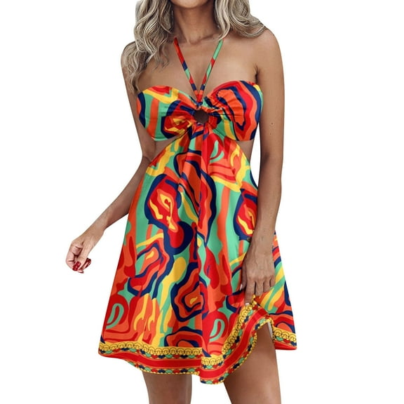 Hvot&aat Women's Summer Mini Dresses Boho Print Backless Dress Sleeveless Hanging Neck Casual Beach Cami Dress