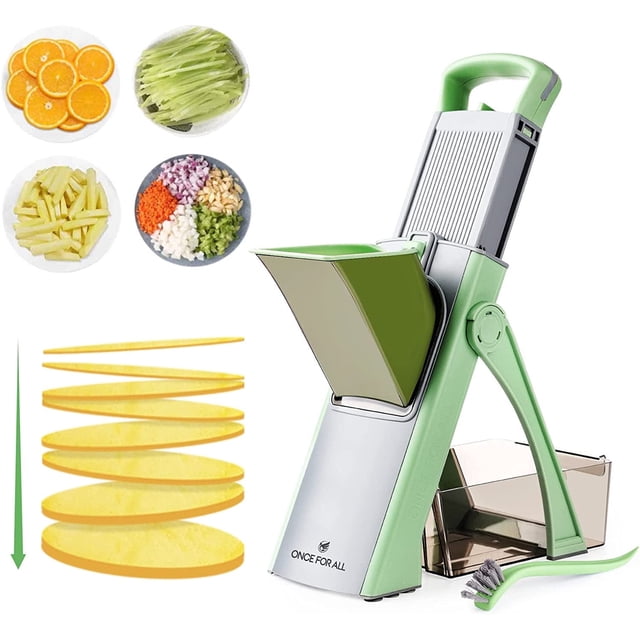 once for all mandolina cortadora de alimentos segura, cortador de verduras ajustable de acero inoxidable,verde — Mandolina verde ONCE FOR ALL en vista 3/4 con asa superior, tolva inclinada, placa ranurada de acero inoxidable y contenedor transparente; grosor ajustable 0,1–8 mm, base de silicona antideslizante, soporte trípode plegable, cepillo y protector incluidos; ilustraciones muestran cortes en juliana, tiras, rebanadas y cubitos; adecuada para preparar porciones para ensaladas o batch prep doméstico.