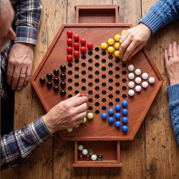 Solid Wood Chinese Checkers Board Game Set with Glass Marbles,Jumping Game Classic Board Game Family Strategy Game With Colorful Perfect