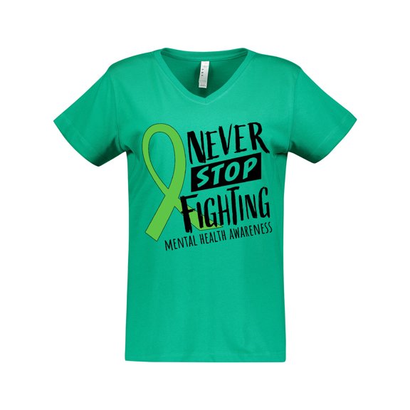 Inktastic Never Stop Fighting Mental Health Awareness Green Ribbon Women's V-Neck T-Shirt