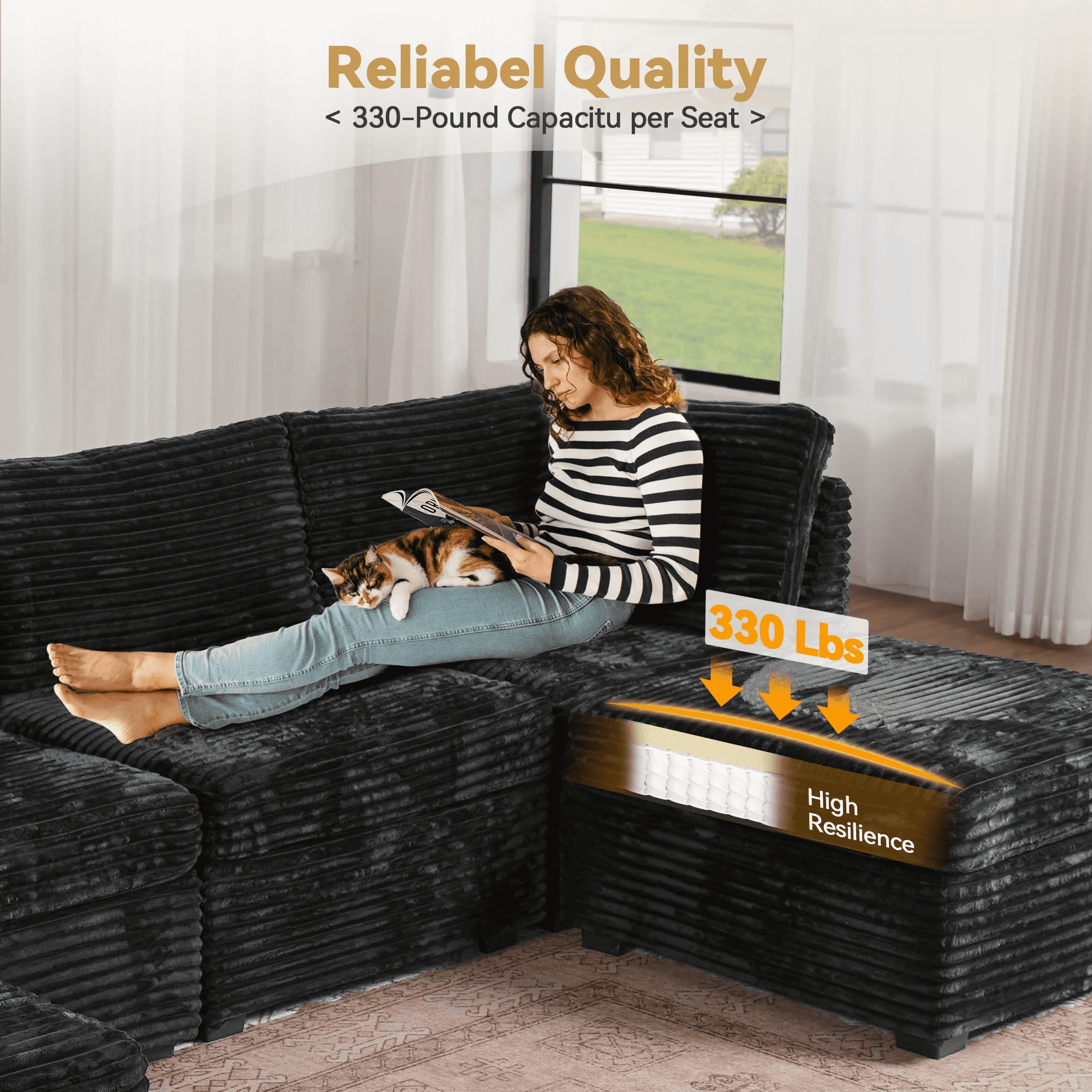 Vcatnet Ottoman for Modular Sectional Sofa Cloud Couch Corduroy L Shaped Oversized Modern Minimalist Couch with Deep Seat for Living Room, Black