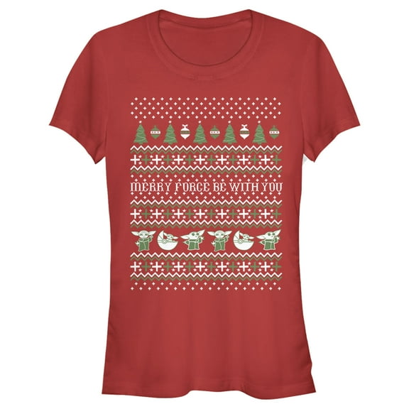 Junior's Star Wars: The Mandalorian Christmas The Child Ugly Force-mas  Graphic Tee Red Medium