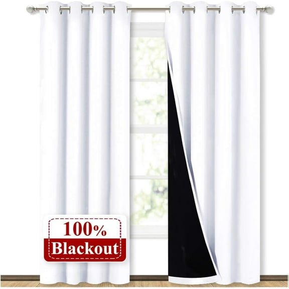 100% Blackout Window Curtain Panels, Cold and Full Light Blocking Drapes with Black Liner for Nursery, 84 inches Drop Thermal Insulated Draperies (White, 2 Pieces, 52 Wide Each Panel)