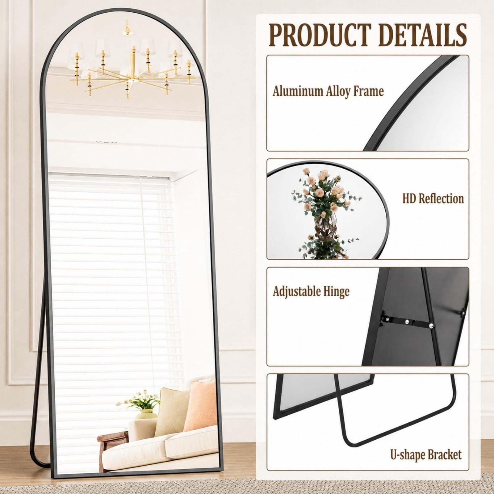 Mirrasia 71.3" x 26" Arched Full Length Mirror Floor Mirror with Stand，Black