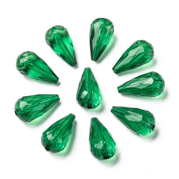 50pcs Transparent Acrylic Beads Faceted teardrop Dark Green 21x11mm Hole: 2mm