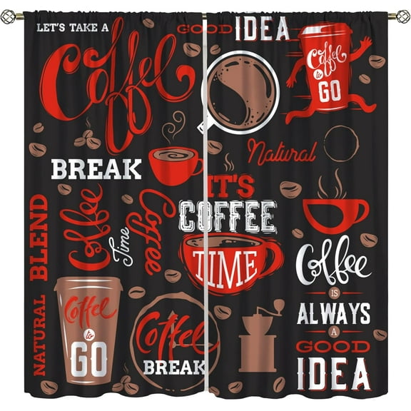 Coffee Blackout Window Curtains, Cute Running Coffee Cup Black Red White Cartoon Doodle Print Window Drapes for Kitchen Living Room Bedroom Cafe, 84x84 Inch