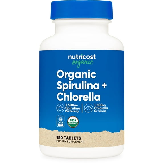 Nutricost Organic Spirulina   Chlorella (3,000mg) 180 Tablets - USDA Organic, 1,500mg Spirulina, 1,500mg Chlorella, Vegan, GMO-Free, Gluten-Free, 30 Servings