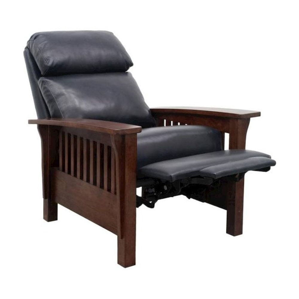 Starlight Canyon Home Dark Blue Leather Reclining Chair with Wood Arms and Manual Recliner