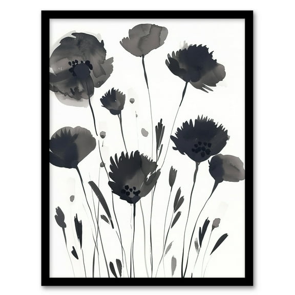 Artery8 Abstract Flowers Black White Floral Watercolour Living Room Art Print Framed Poster Wall Decor 12x16 inch