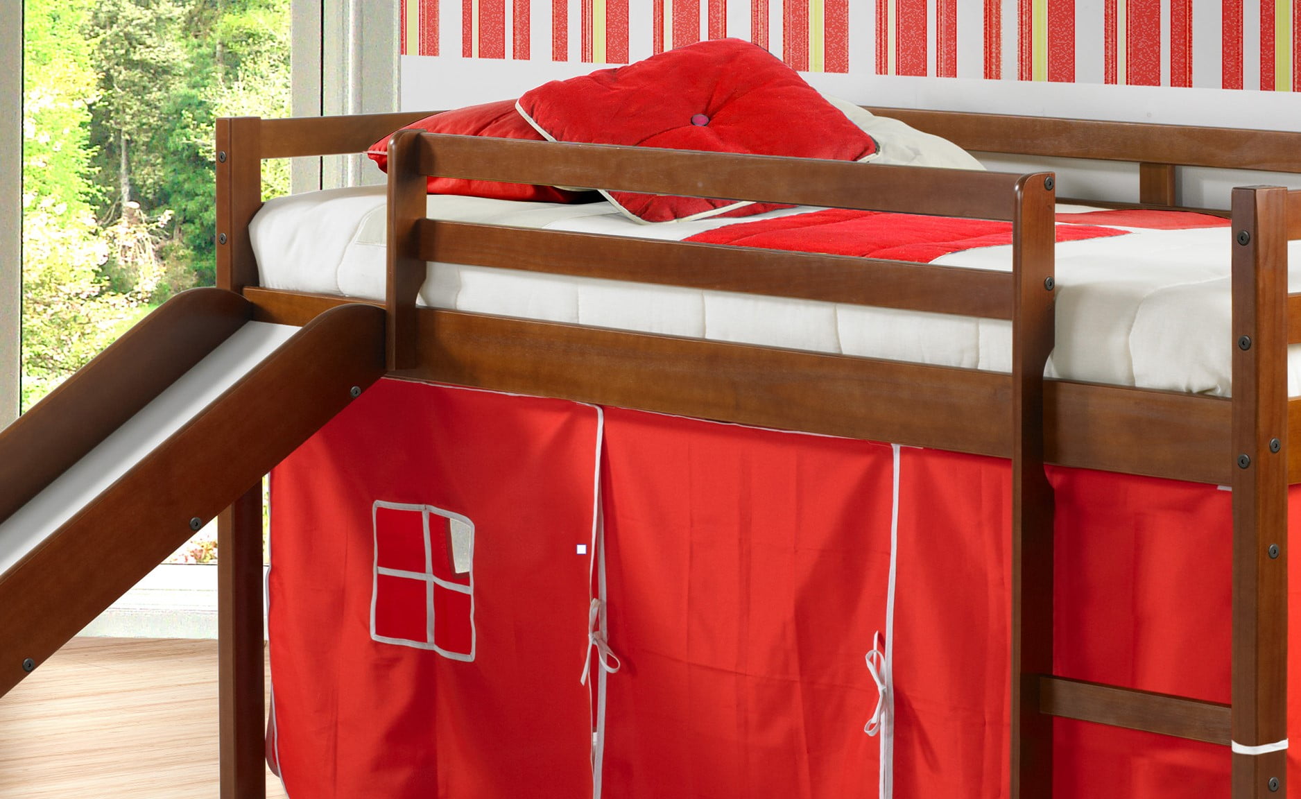 Donco Kids Twin Loft Bed with Red Tent and Slide, Espresso